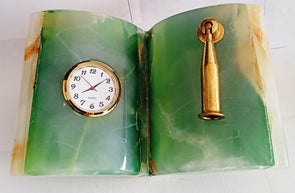 Natural Marble Onyx Hand Carved Book & Pen-Holder Decoration Piece with Clock