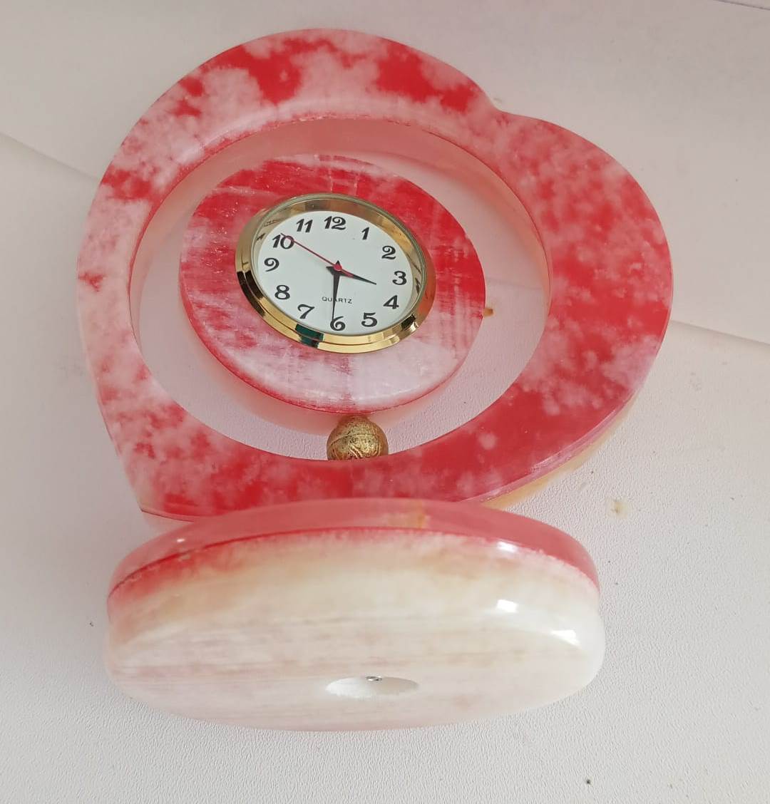Marble Onyx Hand Carved Heart Decoration Piece with Clock / 100% Natural Stone