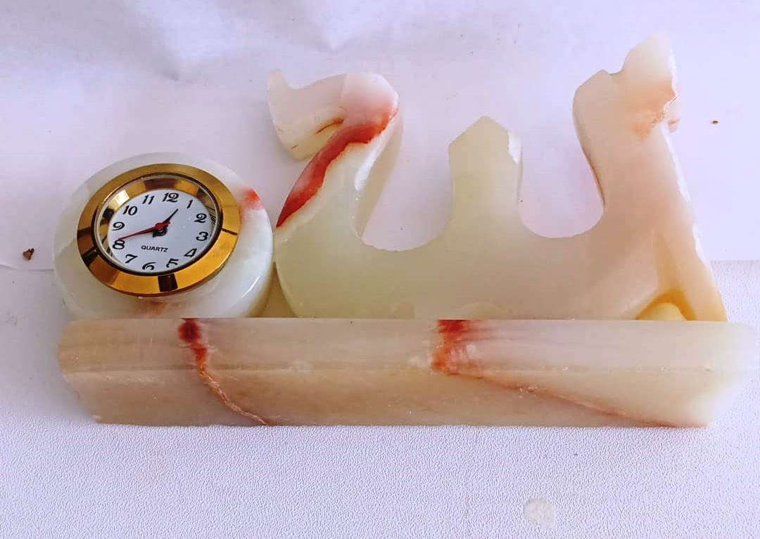 Marble Onyx Hand Carved Allah Name Table Decoration Piece with Clock / Natural Stone