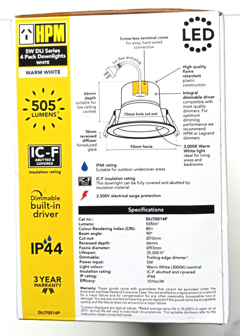 HPM 5W 70mm DLI LED Downlight - 4 pack /Warm White - DLI700814P - TheITmart