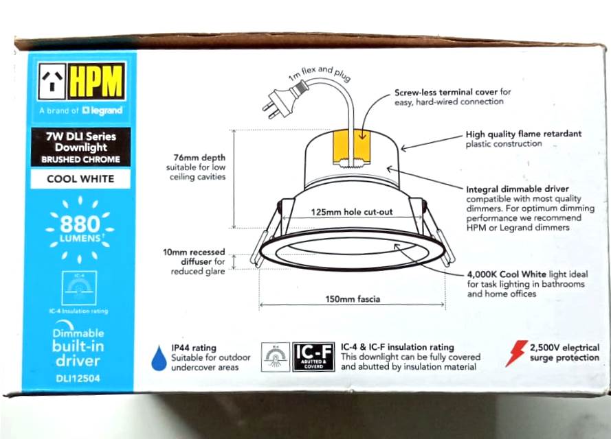 HPM DLI12504 7W DLI Cool White LED downlight with Brushed Chrome Finish - TheITmart