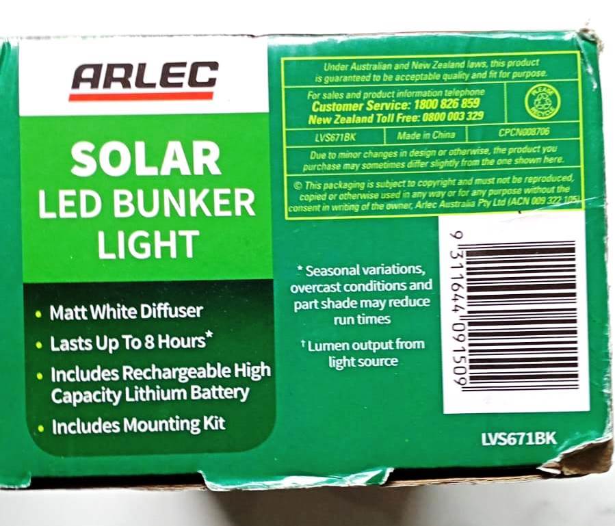 Arlec LED Black Solar Bunker Light - LVS671BK - TheITmart