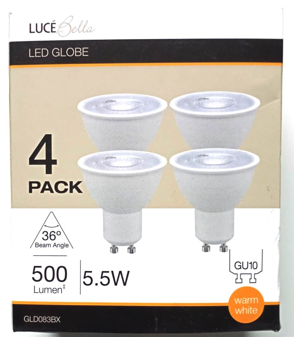 Luce Bella 4 Pack 5.5w 500lm 36° Warm White GU10 LED Globe -GLD083BX - TheITmart