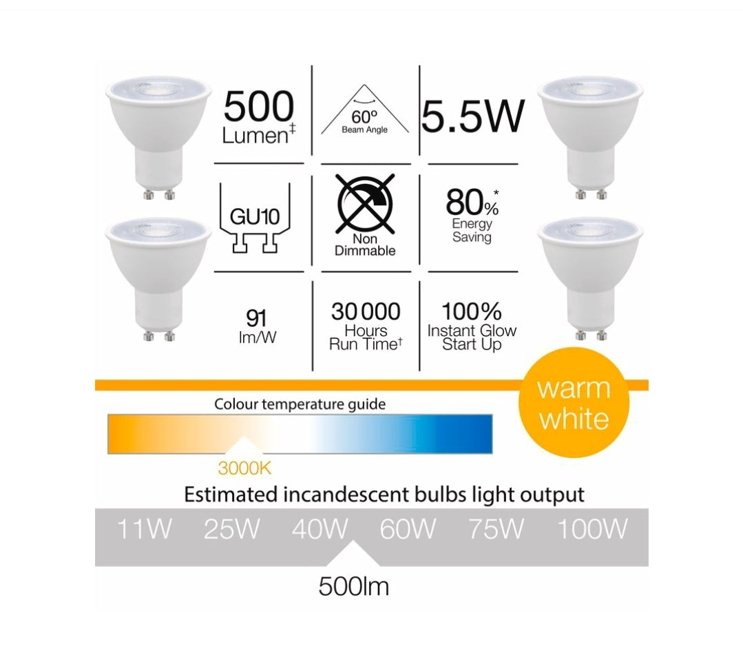 Luce Bella 5.5w 500lm 60° Warm White GU10 LED Globe 4 Pack-GLD087BX