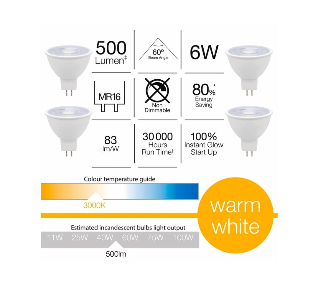 Luce Bella 4 Pack 6W 500lm 60° Warm white MR16 Led Globe - GLD095BX