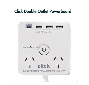Click White 2 Outlets Powerboard/ 4 USB Ports/ Surge Protection with Indicator