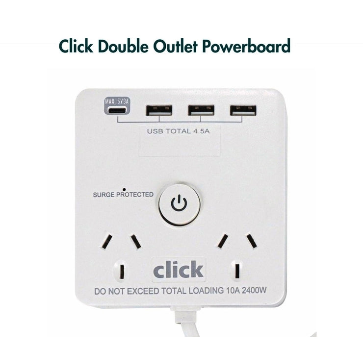 Click White 2 Outlets Powerboard/ 4 USB Ports/ Surge Protection with Indicator