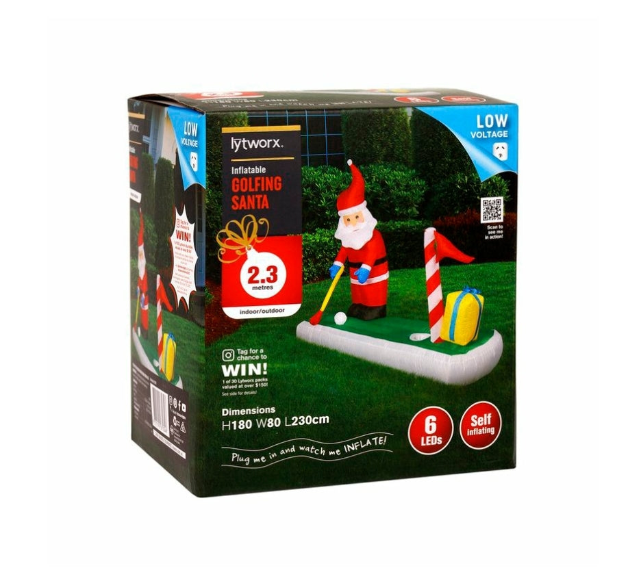Lytworx 1.8m Festive Inflatable Golfing Santa/ Self-Inflating/ 6 LED Low Voltage