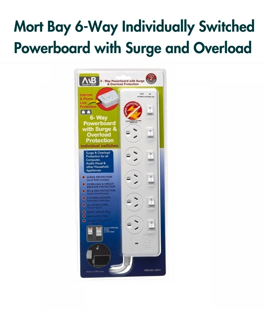 Mort Bay 6-Way Individually Switched Powerboard - White / Surge and Overload - TheITmart
