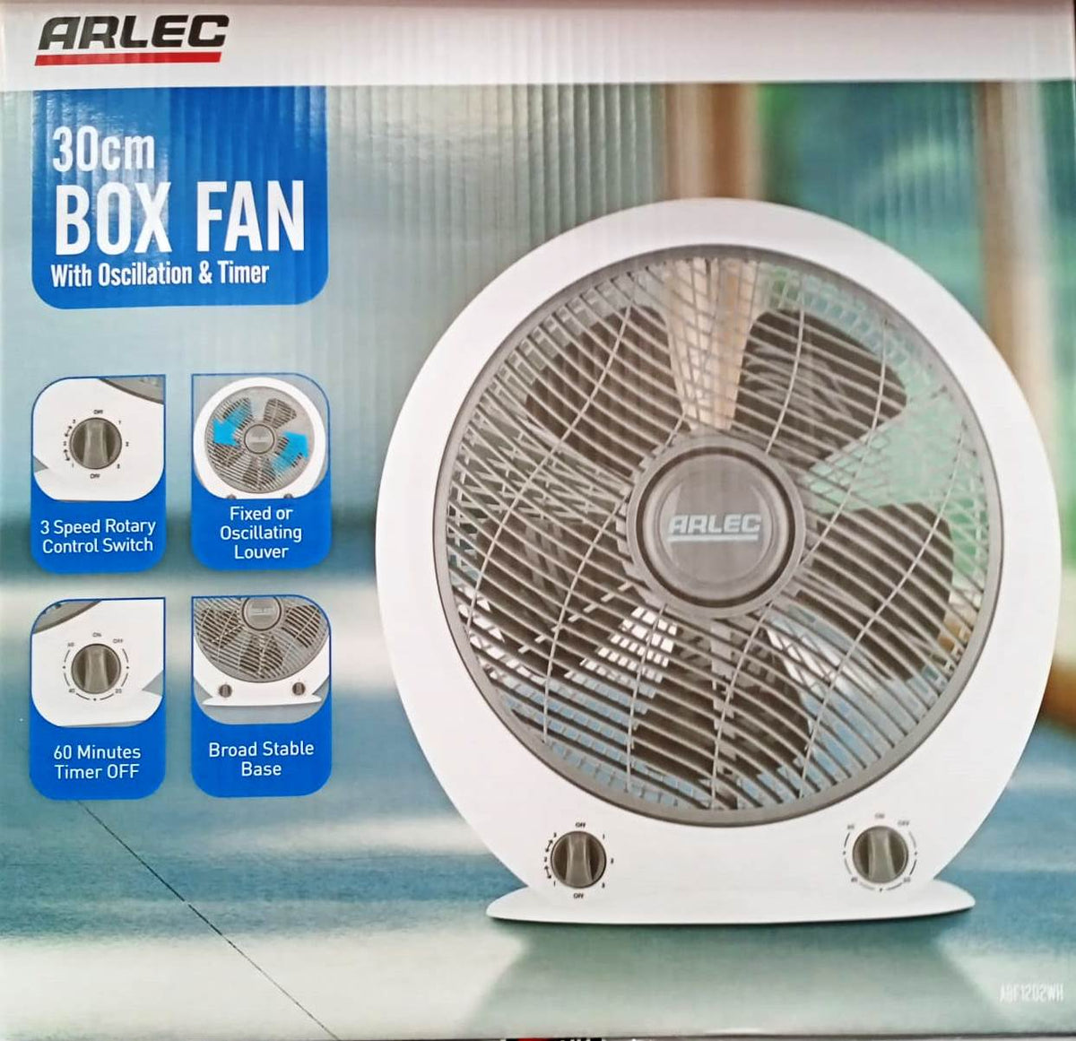 Arlec White 30cm Box Fan Abf1202Wh / With Oscillation & Timer