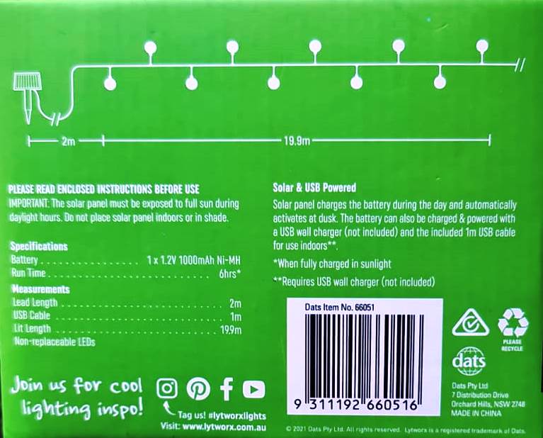 Lytworx 19.9m White LED Soft Glow Solar Ball Lights - 200 Pack - TheITmart
