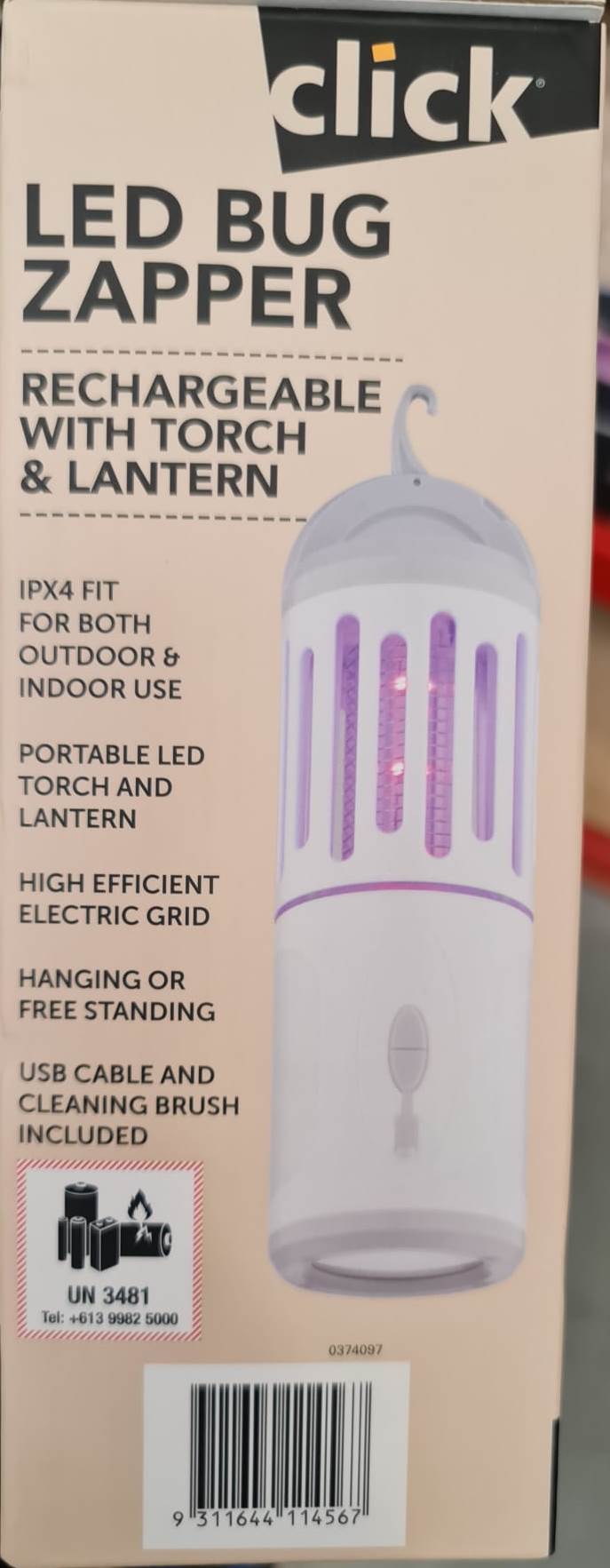 Click LED Bug Zapper Rechargeable With Torch & Lantern/Ideal for Campi