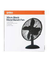 30cm Black Metal Bench Fan/3-speed settings/Tilt adjustment