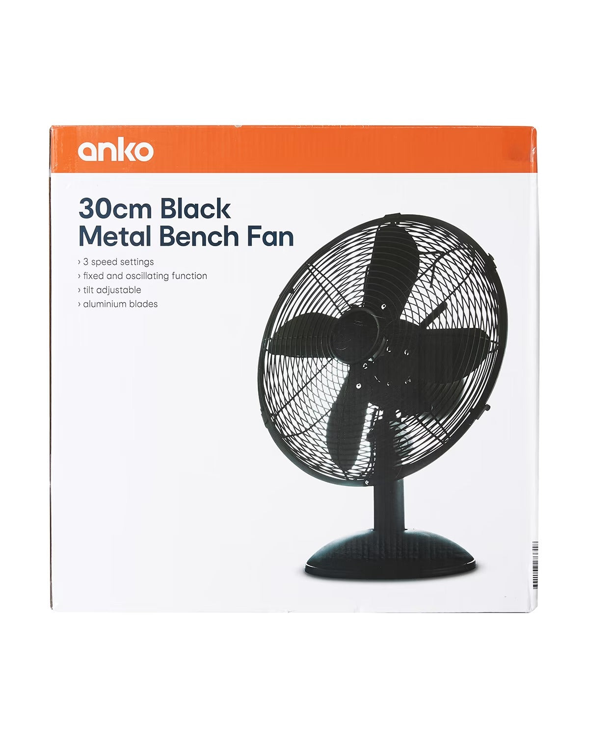 30cm Black Metal Bench Fan/3-speed settings/Tilt adjustment