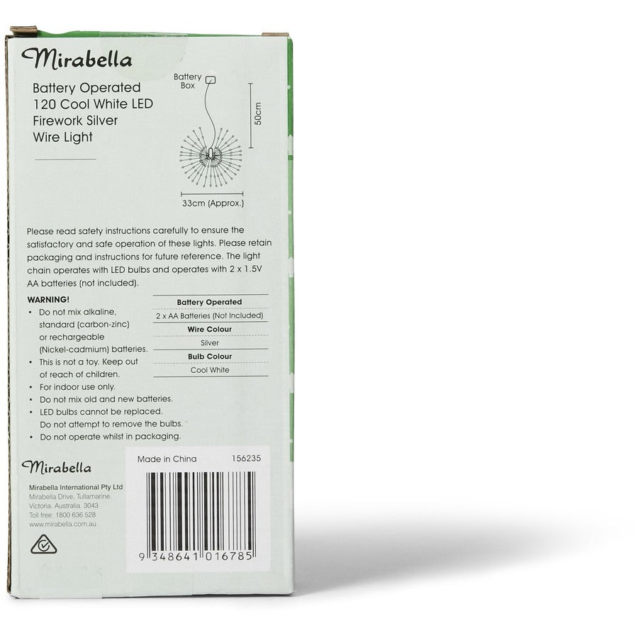 Mirabella Christmas Battery Operated 120 LED Firework Wire Light - Cool White
