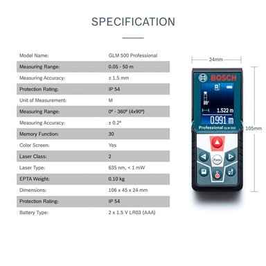 Bosch Blue 50m GLM 500 Distance Measurer With Colour Screen