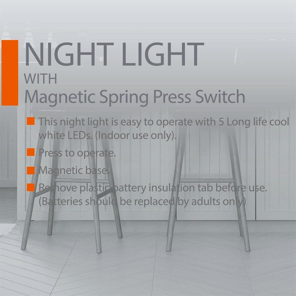 Arlec Magnetic Spring Press Switch Night Light with Batteries / 5 Cool White LED - TheITmart