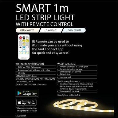 Arlec Grid Connect Smart 1m CCT LED Strip Light with Remote - TheITmart