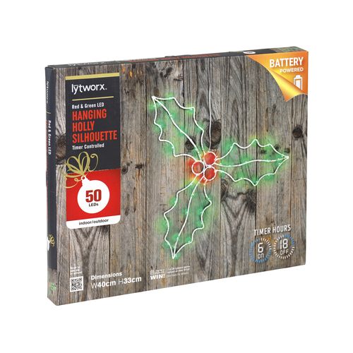 Lytworx Festive Silhouette Battery Operated Hanging Holly / Size 40cm x 33cm