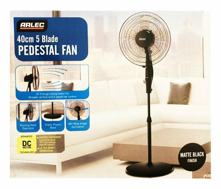 Arlec 40cm Black Pedestal Fan DC/3 Speed/Timer/oscillation/Tilt - TheITmart